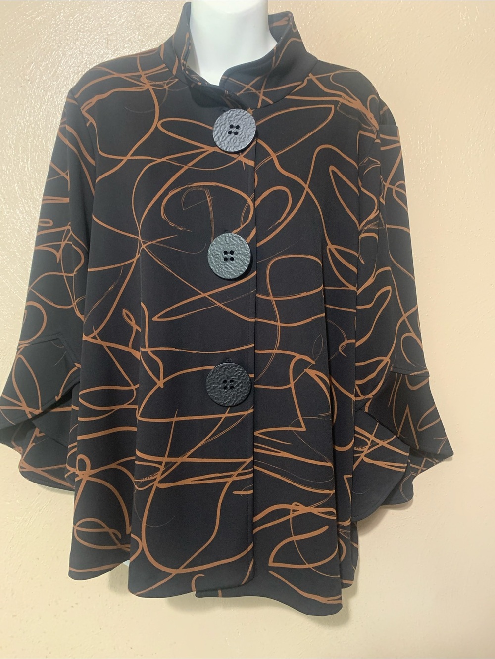 Joseph Ribkoff size 14 Black Jacket Brown Abstract Swirl Print Large Buttons